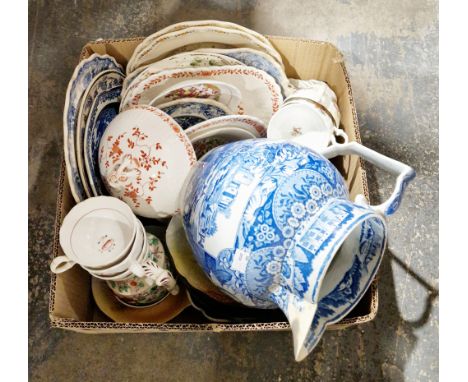 Box of assorted ceramics including an opalescent glass bowl, a Royal Doulton dish decorated with Anne Pase, a quantity of tra