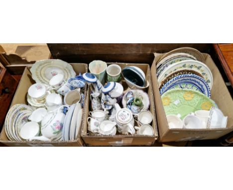 Three boxes of assorted ceramics&nbsp;including a Susie Cooper teapot, other assorted teawares, figures, plates (3 boxes)&nbs