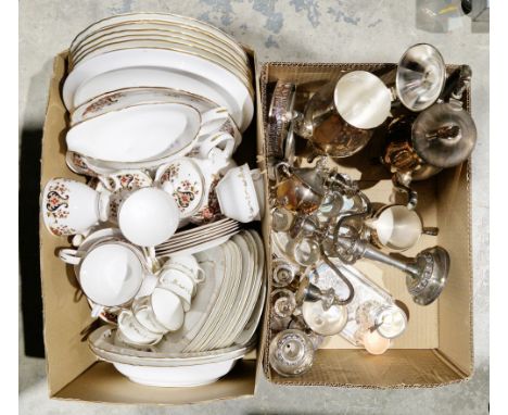 Two boxes containing a Colclough part table service and a box of assorted silver plate including candelabra, etc (3 boxes)&nb