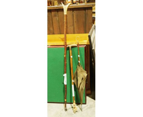 Walking stick with horn handle and silver collar, another thumbstick and a lady's parasol with turned wooden handle and gilt 