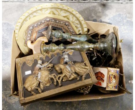Quantity of metalware including a pair of baluster candlesticks, a plaque of jousting knights, bowls, figurines, etc&nbsp;