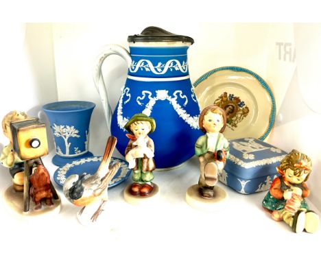 Selection Jasperware, goebel figures and a lidded vintage blue and white water jug 