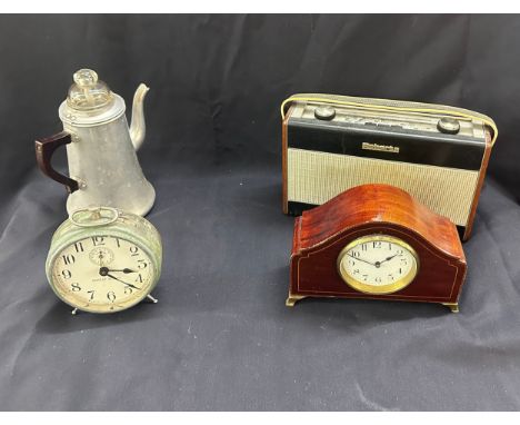 Selection of three vintage clocks, includes alarm clock and mahogany mantle clock 