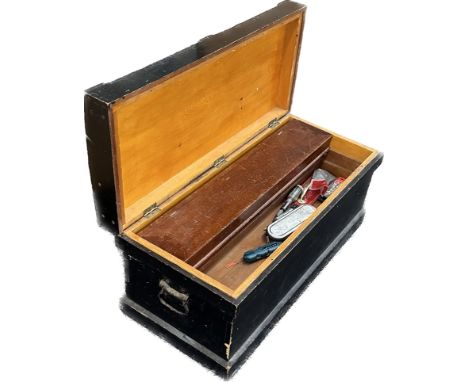 Vintage tool box with contents to include chisels, screw drivers, drill brace etc measures approx 33 inches long, 15 deep and