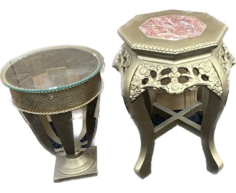 Metal glass topped decorative plant stand and a tile topped plant stand 