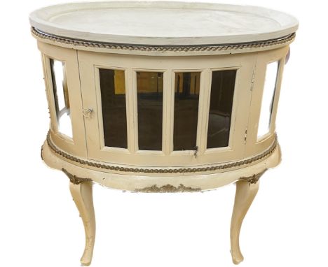 Painted oval drinks cabinet with serving tray, Height 31 inches, Depth 19 inches, Width 29 inches 