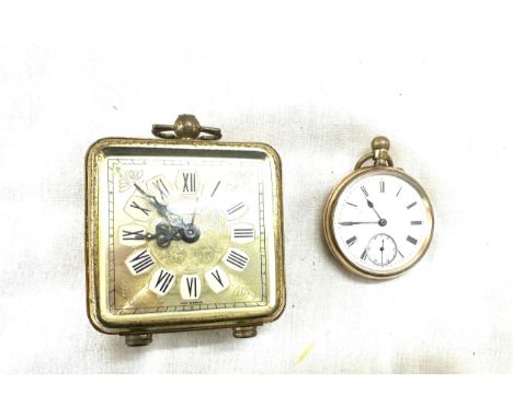 Vintage gold plated pocket watch and a Marksman desk clock 