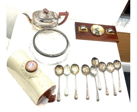 Selection of vintage items to include silver plated tea pot, cutlery, ceramic hot water bed warmer and a weather station, bar