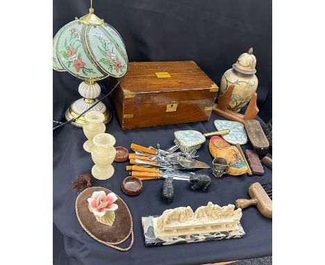 Selection of vintage miscellaneous to include writing box, marble, brass, lamp, cutlery etc 