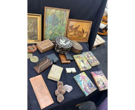 Selection of vintage miscellaneous to include mother of pearl box, brass, books, prints etc 