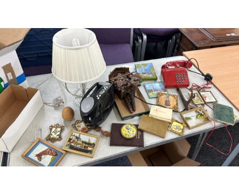Selection of vintage items to include miniature gilt framed painting, phone, clock etc 
