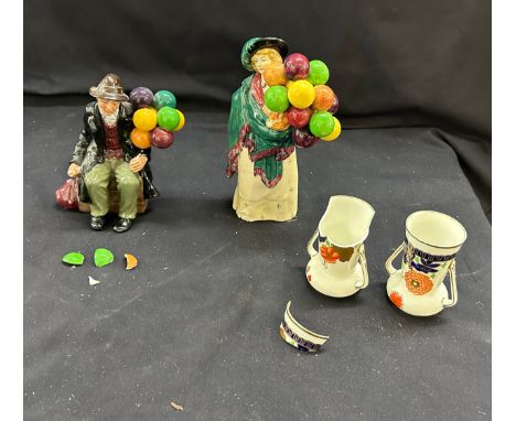 Two vintage Royal Doulton figures ' The Balloon Man' and ' The Balloon seller', along with two Shelley handled vases. All A/F