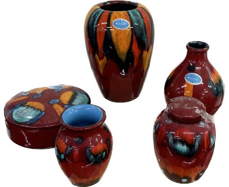 Selection of Poole Pottery Volcano pattern, to include vase, lidded small ginger jar, large trinket etc, tallest piece measur