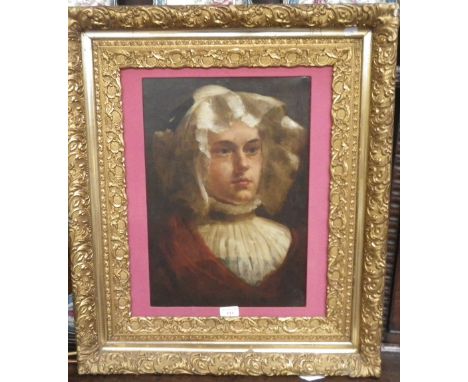 A 19TH CENTURY OIL ON CANVAS PORTRAIT OF A WOMAN WEARING A LACE BONNET (re-lined), gilt frame