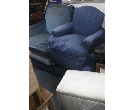 A 1930'S TWO SEATER SOFA with matching armchair, another armchair and a box ottoman