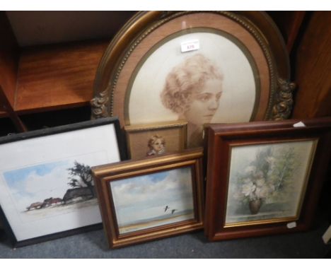AN EARLY 20TH CENTURY CHALK PORTRAIT of a woman in an oval gilt frame and a further quantity of pictures