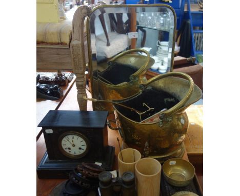 A BRASS COAL SCUTTLE, fire screen, a mantel clock and sundries