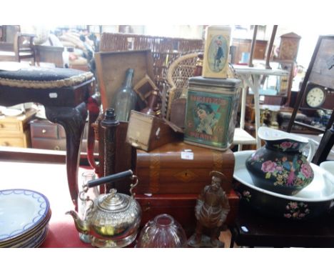 A VINTAGE WICKER HAMPER, a silver plated kettle on stand, boxes and collectibles 