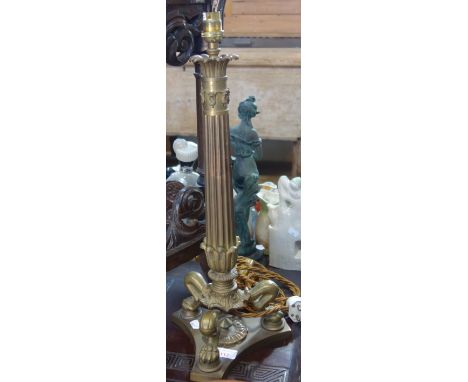 A REGENCY STYLE BRASS TABLE LAMP in the style of Thomas Hope, 47cm high (plus fitting)