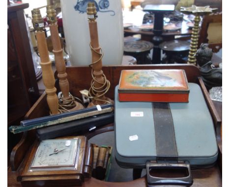 A VINTAGE LETTERA 22 TYPEWRITER, an oak barometer, lamps and sundries