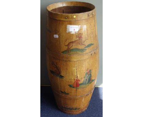 A STAVED WOODEN STICK STAND painted with figures and animals, 66.5cm high