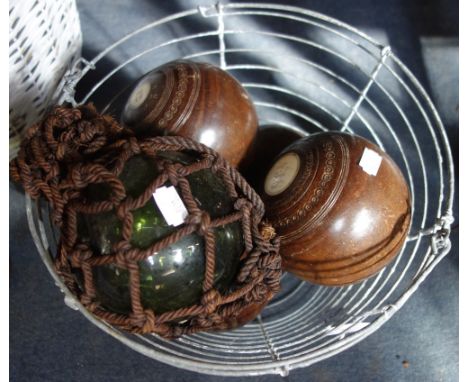 FOUR VINTAGE BOWLING WOODS, a wire basket and a glass fishing float