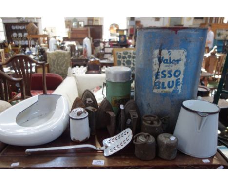 A COLLECTION OF VINTAGE FLAT IRONS, kitchen enamel and sundries