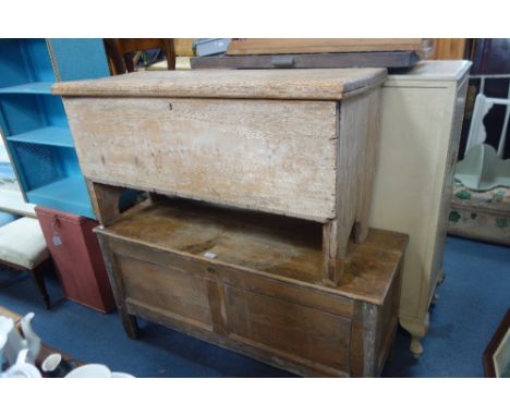 AN 18TH CENTURY STRIPPED ELM AND PINE COFFER the interior pasted with manuscript recipes "a cure for the ego" and another pin