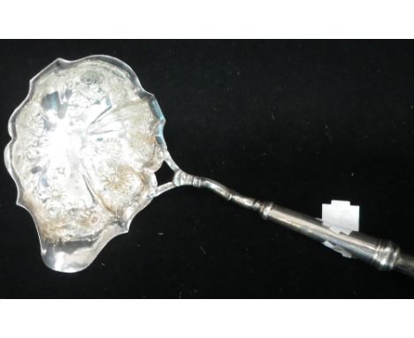 A GEORGE II SILVER TODDY LADLE, with wooden twist handle, 40cm long