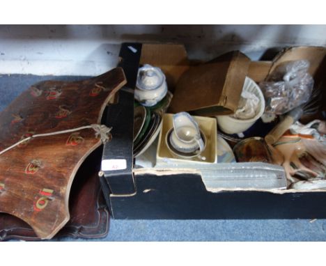 TWO VICTORIAN CERAMIC JELLY MOULDS, a mahogany tray, ceramics and sundries
