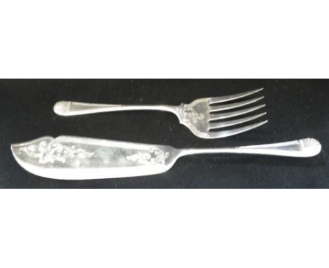 A VICTORIAN SILVER FISH KNIFE AND FORK, with engraved scroll decoration (c.9.5oz)