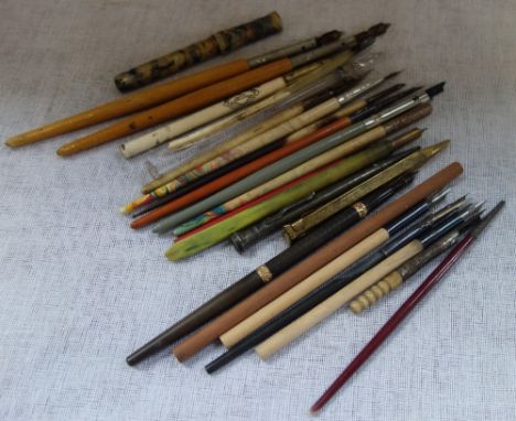 A COLLECTION OF VINTAGE DIP PENS, and an advertising pencil 'MADAME SAWER, court hairdresser...'