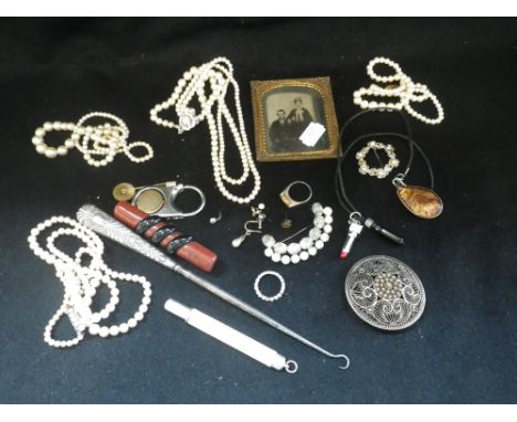 A COLLECTION OF COSTUME JEWELLERY AND SUNDRIES, to include an Ambrotype photograph