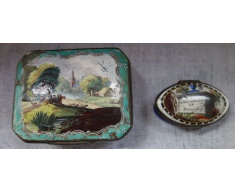 AN ENAMEL ON COPPER PATCH BOX, WITH A COUNTRY SCENE, and a pill box 'In Remembrance of Friendship'
