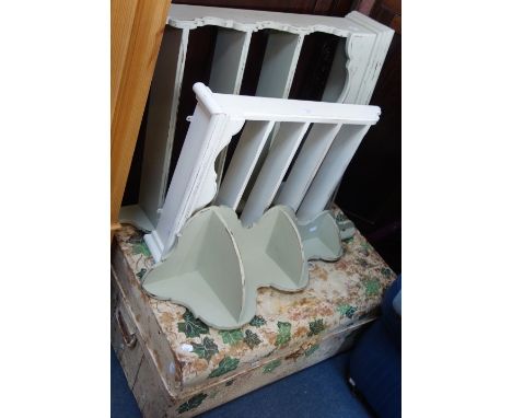 THREE SETS OF PAINTED WALL SHELVES and a Victorian painted tin trunk (4)