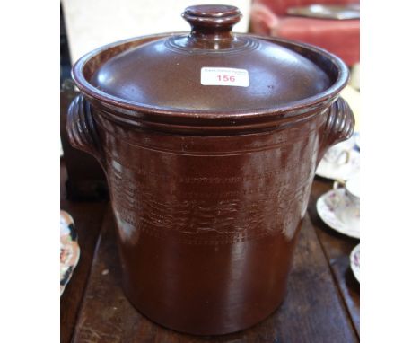 A VINTAGE GLAZED TERRACOTTA COOKING POT, 28cm high