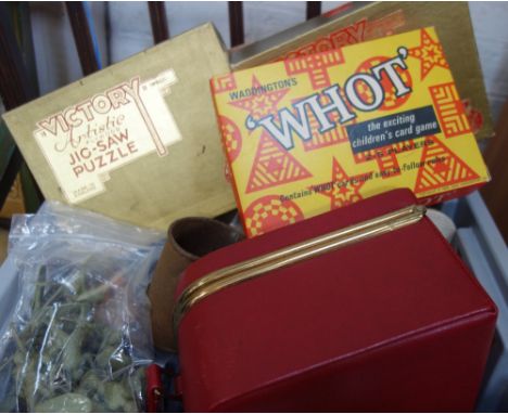 A VINTAGE RED LADIES DRESSING CASE and sundries