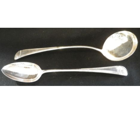 A VICTORIAN SILVER BASTING SPOON, and a silver sauce ladle, (c.14.7oz) (2)