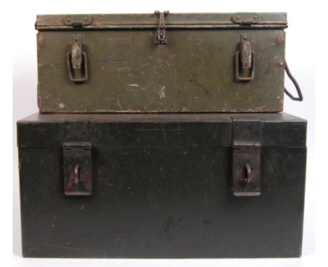 Two original WWII Second World War military tin boxes / trunks one of which with ' VM 46 ' stamped to the side of the trunk. 