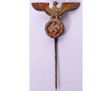 An original Nazi German Third Reich SS / SA members stick pin lapel badge, with eagle swastika motif. Measures approx 5cm tal