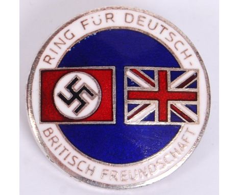 An original rare pre-war 1930's Nazi German Third Reich ' Britain &amp; Germany Friendship ' enamel pin badge with national f