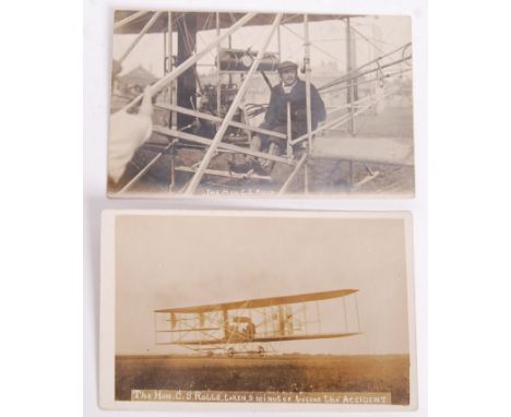 Two incredibly rare Edwardian real photo postcards depicting Charles Rolls ( of Rolls Royce ) moments before his fatal air cr