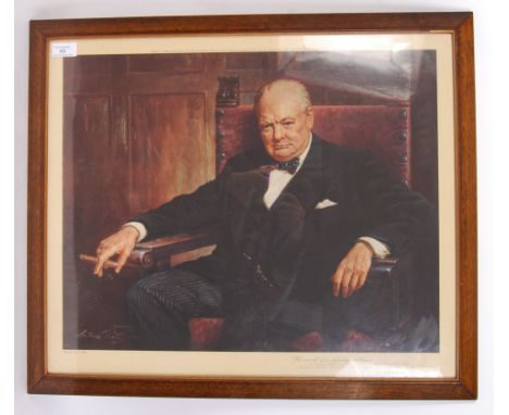 An original vintage coloured print portrait of the Rt. Hon Sir Winston Churchill by artist Arthur Pan. Quote to lower right c