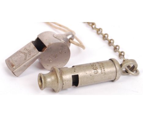 An original mid-century GWR Great Western Railway foreman's whistle, along with a 1939 pattern WWII Second World War ARP whis