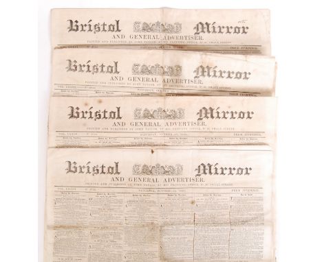A fascinating collection of 4x Victorian antique 19th century ' Bristol Mirror & General Advertiser ' newspapers - each from 