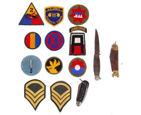 A collection of assorted military related items to include; WWI First World War pen knives &amp; VII patch, Airborne patch, U