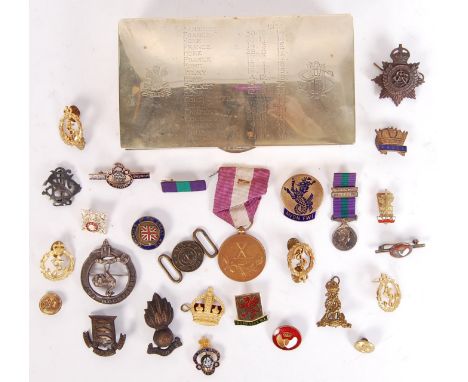 A mixed collection of militaria items to include; a good First World War WWI silver plated box - engraved to the top with a s