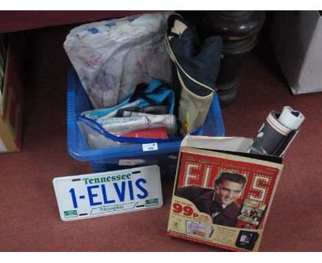 Elvis Presley Memorabilia, to include, three table cloths, licence plate, bag, greeting card, ephemera, patches and posters.