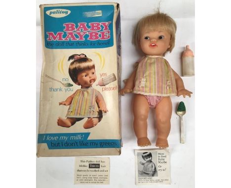 Palitoy: A boxed 1960’s vinyl, Baby Maybe, complete with feeding spoon and bottle. She takes her milk but turns her head away