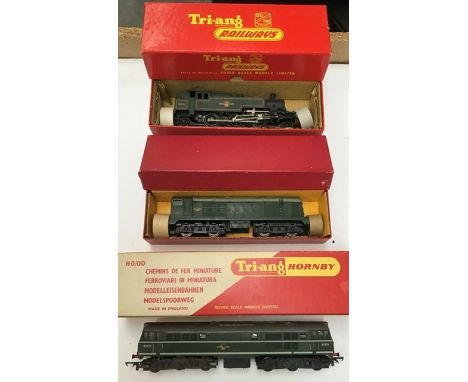 Triang: A boxed Triang R59S, 2-6-2 Tank Loco, R.357 Aia-Aia Diesel loco, and Hornby Dublo 2330 Bo-Bo Diesel loco, all boxed.